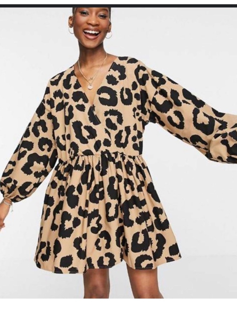ASOS Design 100% Cotton Leopard Print V-Neck Long Sleeve Mini Dress